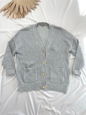 J. Crew Sequin V-Neck Grey Silver Cardigan Gold Button Pocket Sweater Medium